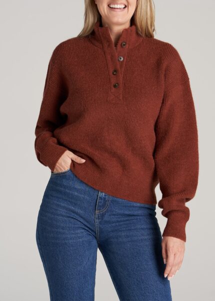 Button Front Mock Neck Sweater for Tall Women in Copper