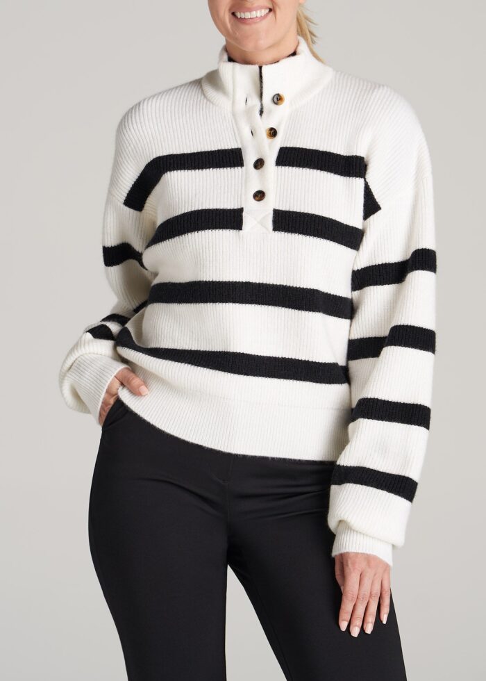 Button Front Mock Neck Sweater for Tall Women in Off White & Black Stripe