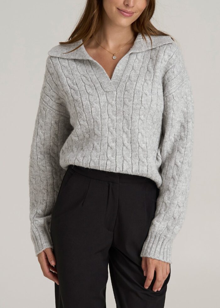 Johnny Collar Cable Knit Sweater for Tall Women in Grey Mix