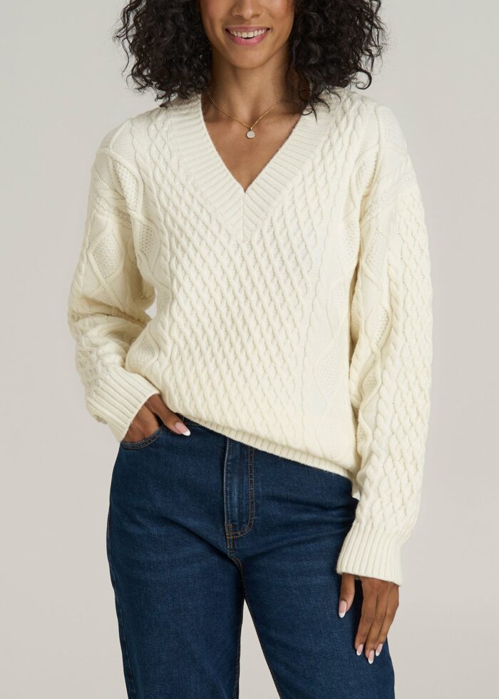 V Neck Cashmere Blend Cable Knit Women's Tall Sweater in Winter White