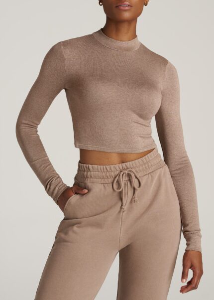 Women's Tall Crop Mock Neck Sweater in Latte