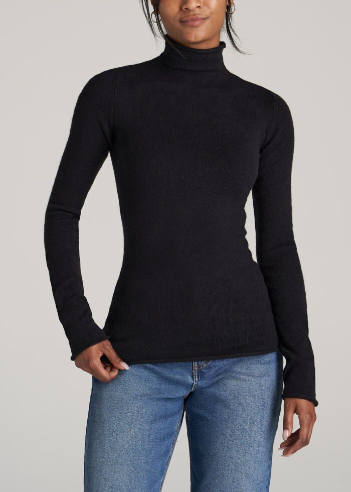 Women's Tall Rolled Mock Neck Sweater in Black