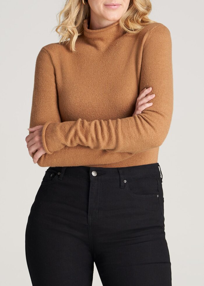 Women's Tall Rolled Mock Neck Sweater in Caramel